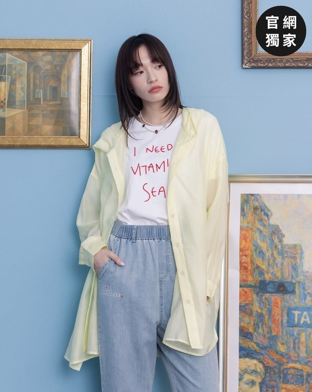 ➤刺繡天絲透膚長版連帽襯衫