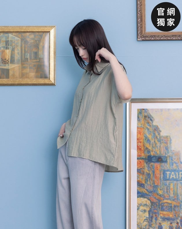 ➤抽皺肩麻料連袖襯衫(兩色)