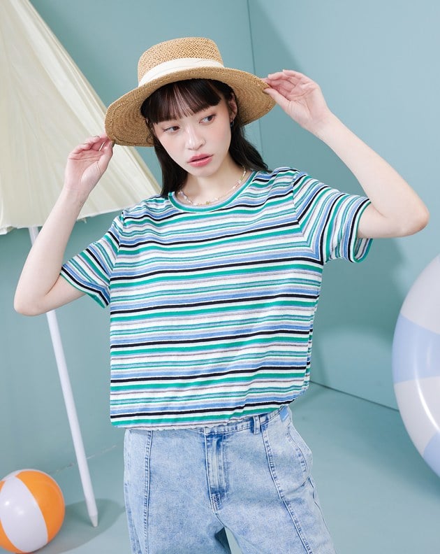夏日繽紛條紋鬆緊下擺T恤(兩色)
