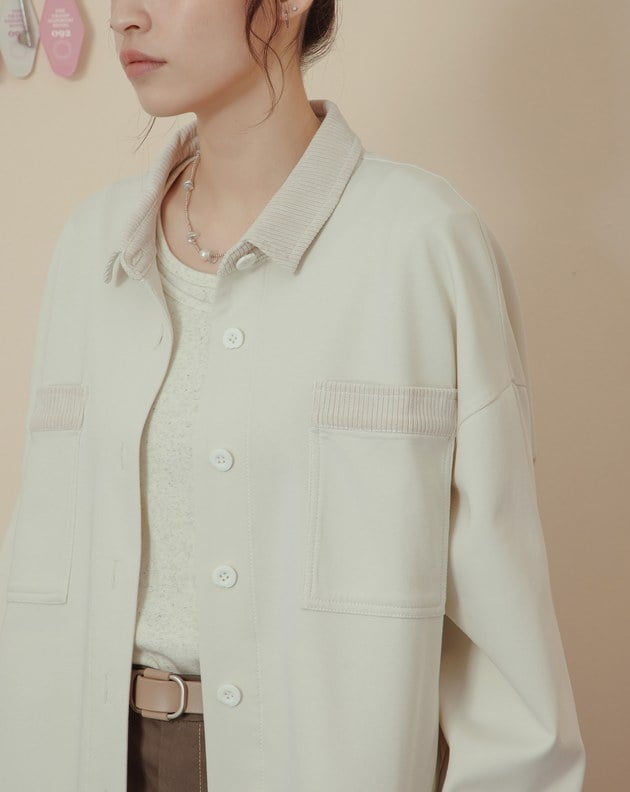 異材質配色拼接條絨襯衫外套(兩色)