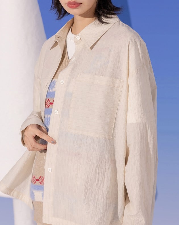 細條紋圓弧下擺長袖襯衫(兩色)