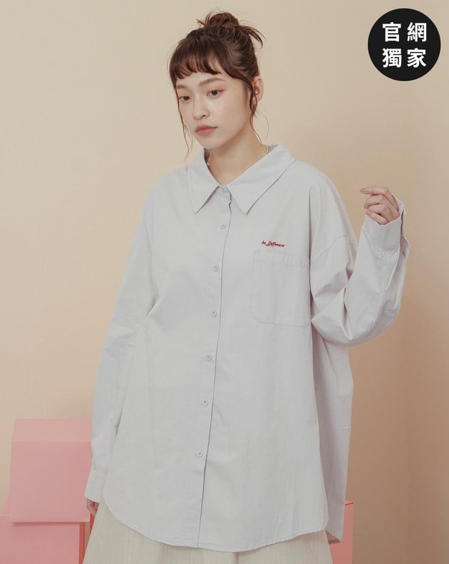 ➤抗皺英文標語繡花純棉長袖襯衫(兩色)