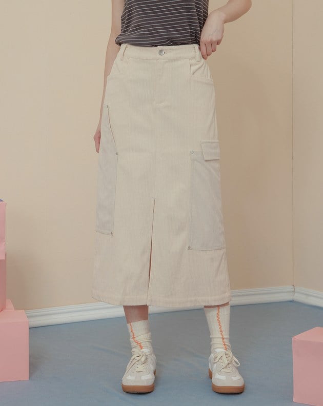 燈芯絨拼接造型口袋開衩長裙(兩色)