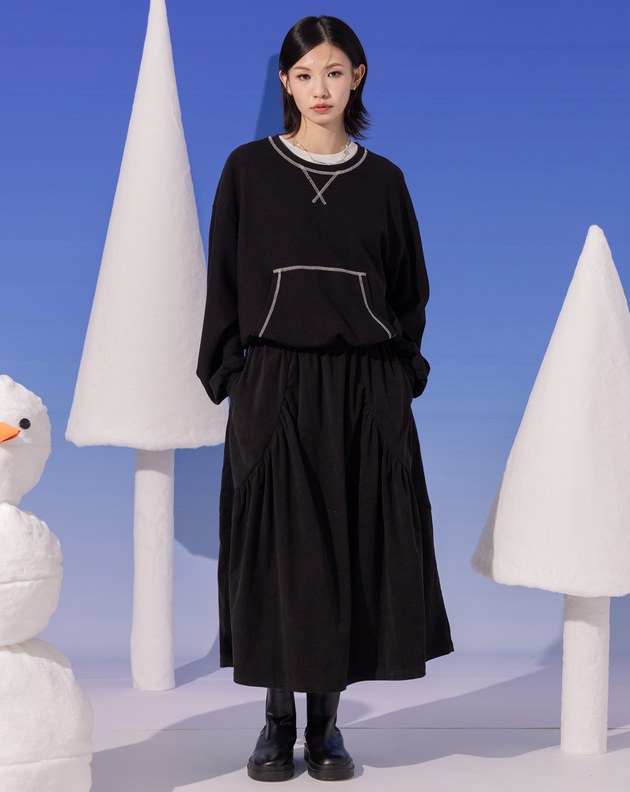 假兩件異材質拼接密拷造型抽繩洋裝(兩色)