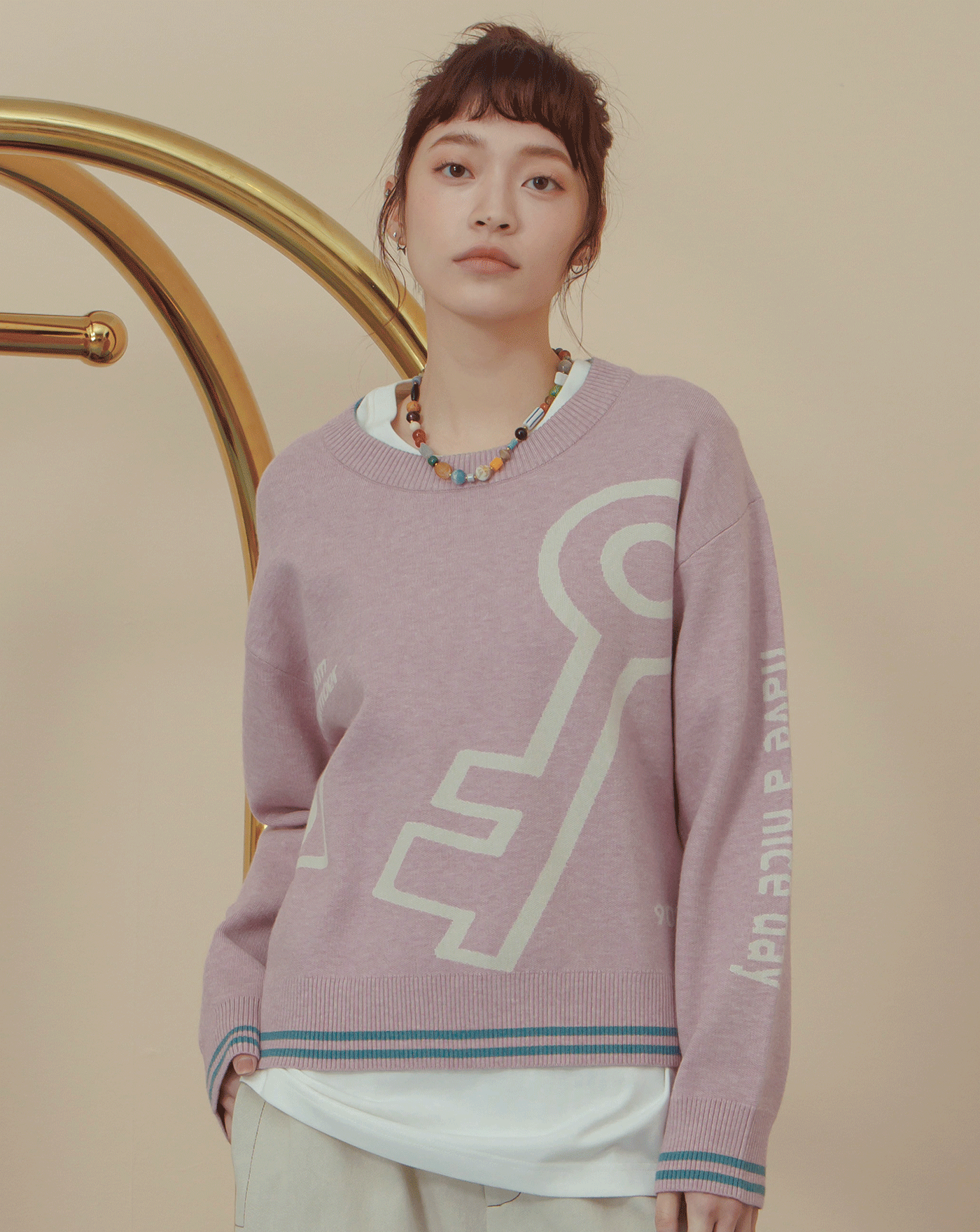 鑰匙圖案撞色緹花針織毛衣(兩色)