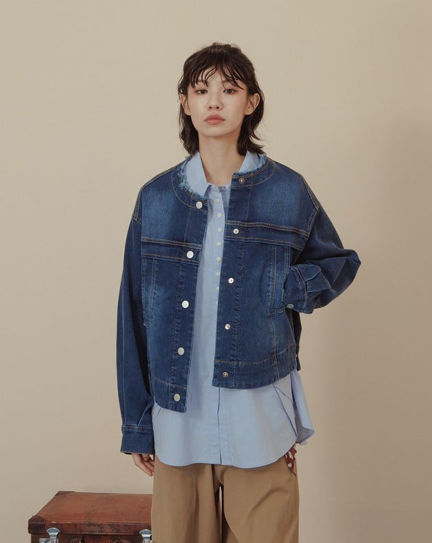 可調節造型刷色圓領牛仔外套(兩色)