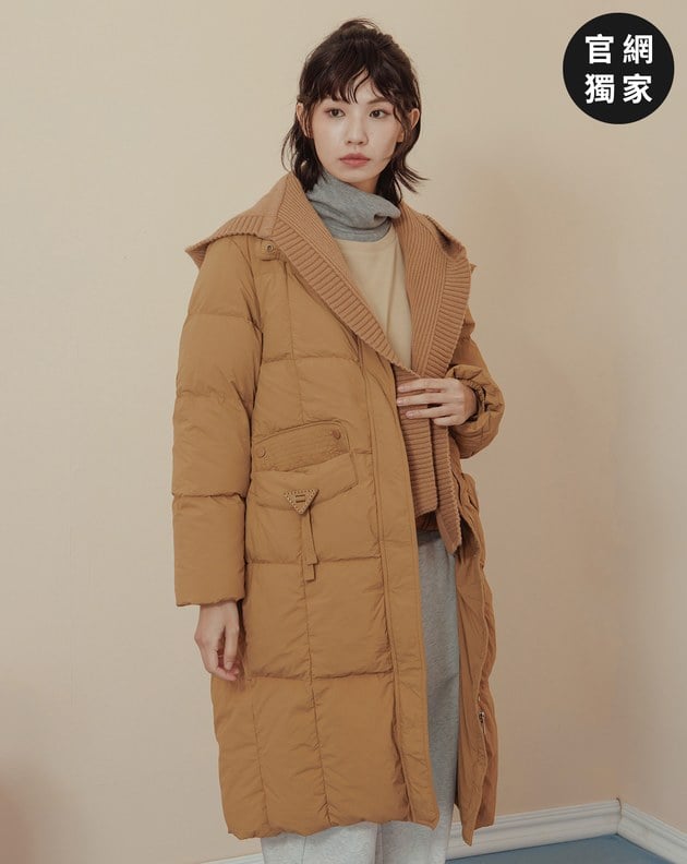 ➤防潑水可拆式針織連帽長版羽絨外套(兩色)