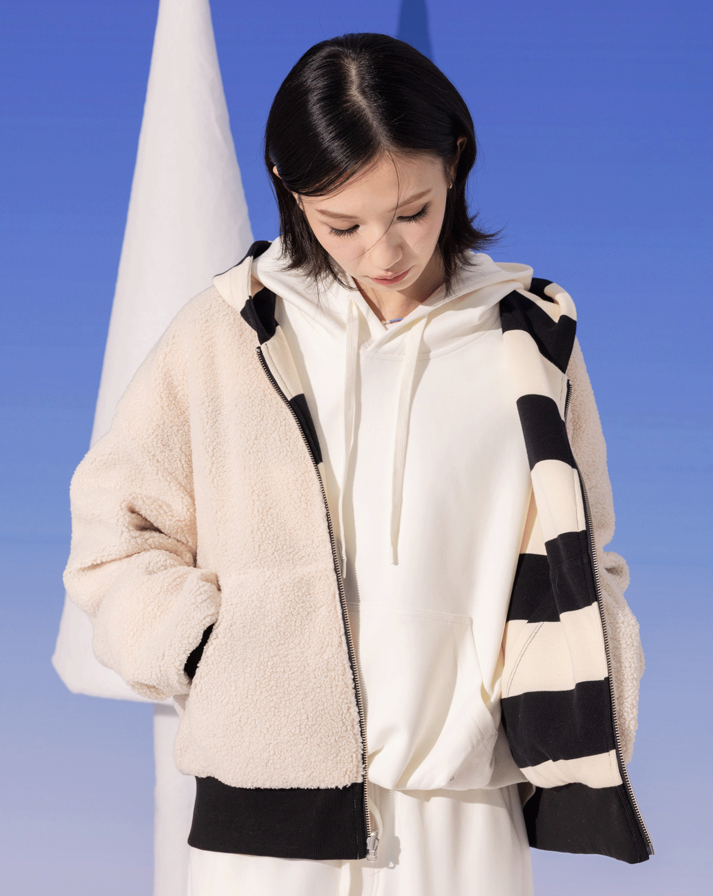 雙面穿泰迪絨條紋連帽外套