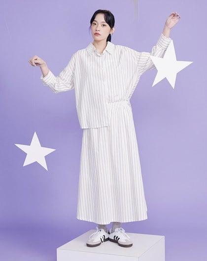 水洗純棉條紋鬆緊傘裙(兩色)