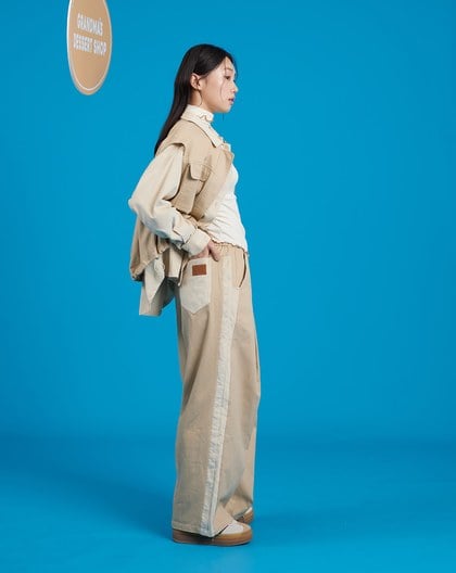 微撞色異材質拼接擴型寬褲(兩色)