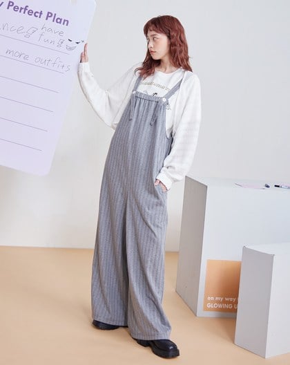 條紋鬆緊針織直筒吊帶褲(兩色)
