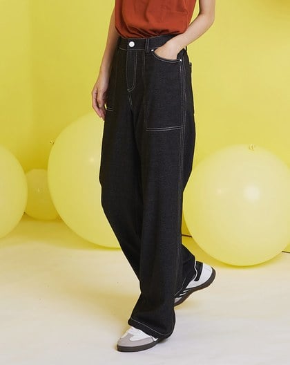 仿牛仔抽繩縮口直筒寬褲(兩色)