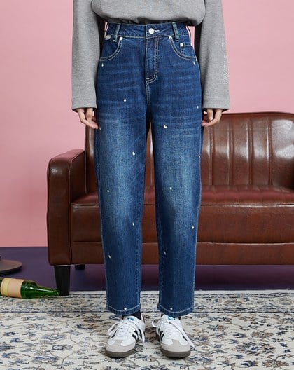 字母繡花彈性水洗牛仔褲(兩色)