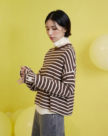 隕石釦條紋毛圈寬袖大學T(兩色)