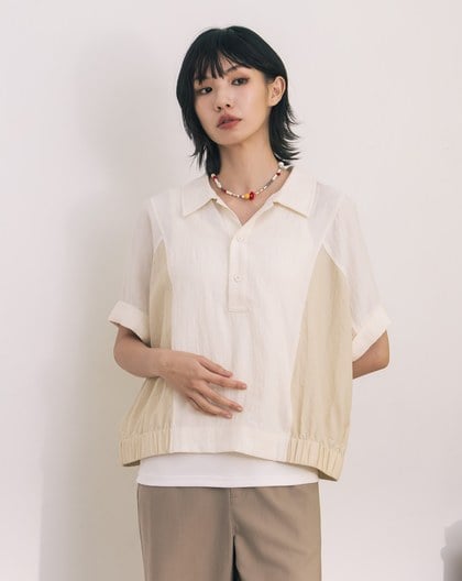 ➤反折袖鬆緊下擺拼色半開襟上衣(兩色)