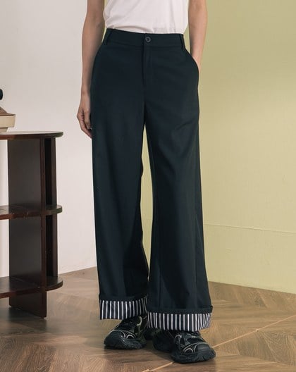 ➤抗皺條紋拼接反褶直筒寬褲(兩色)