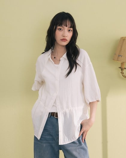 鬆緊拋袖可調節收腰造型襯衫(兩色)