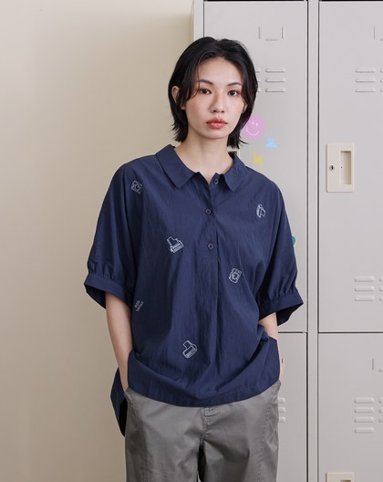 涼感天絲復古膠捲繡花連袖襯衫(兩色)