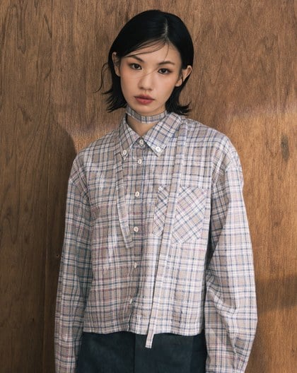 A｜復古提織格紋短版襯衫附造型織帶(兩色)