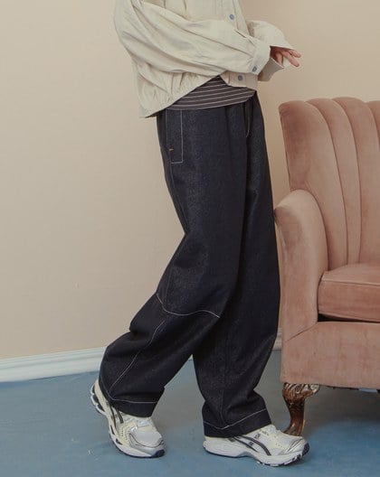 配色造型壓線仿牛仔男友褲(三色)