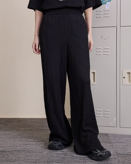 皺皺織紋彈性寬褲