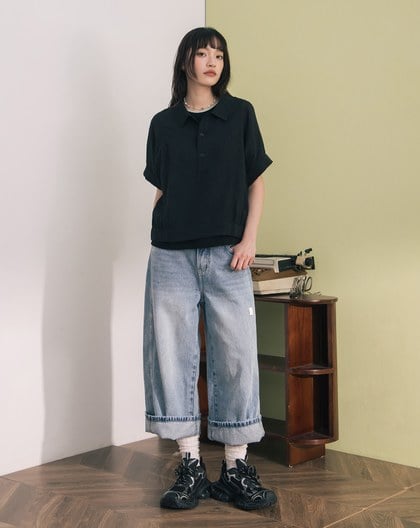 顯瘦剪接刷色直筒八分牛仔褲