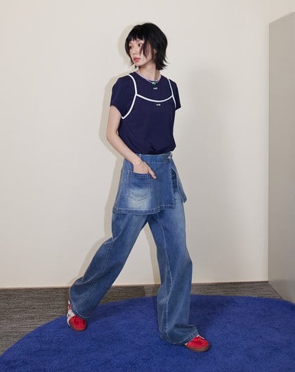 A｜顯瘦刷色不對稱腰頭兩件式牛仔褲(兩色)