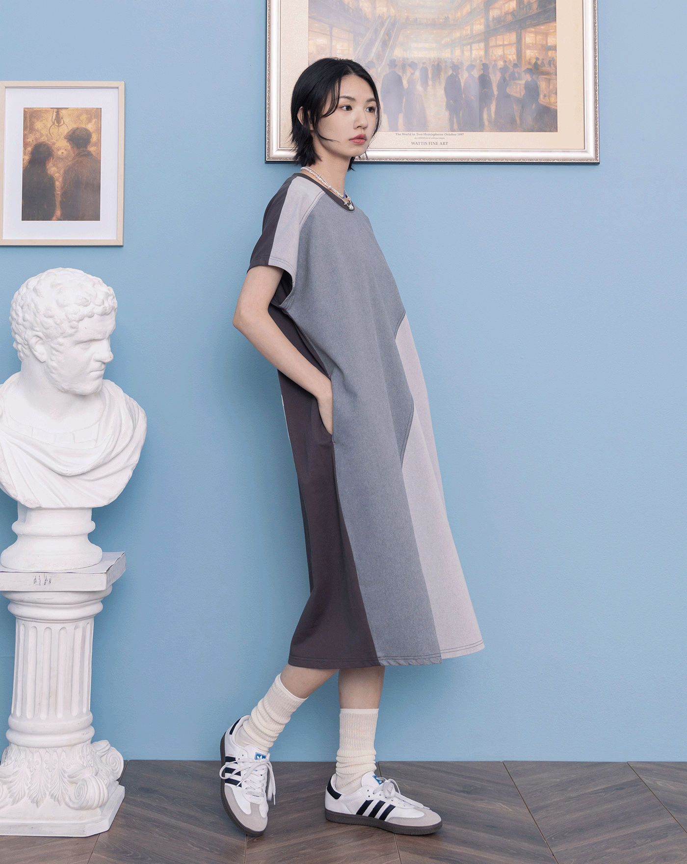 顯瘦撞色拼接仿牛仔洋裝