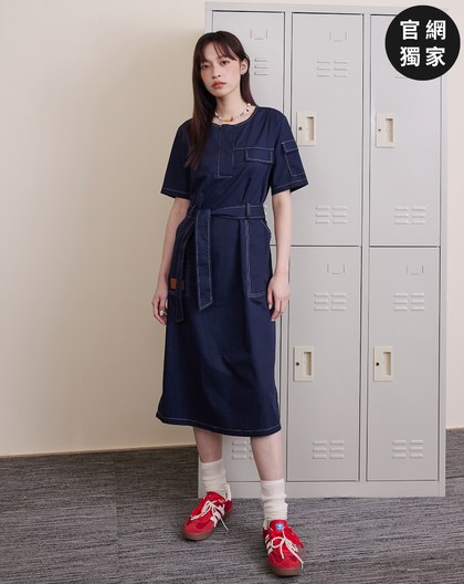 ➤配色壓線工裝風綁帶短袖洋裝(兩色)