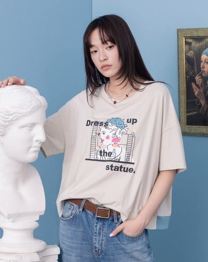 為雕像化妝下擺配色羅紋T恤(兩色)
