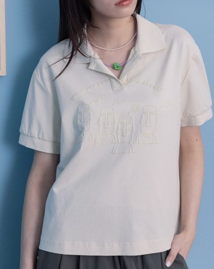 石像表情圖澎袖polo領涼感上衣(兩色)
