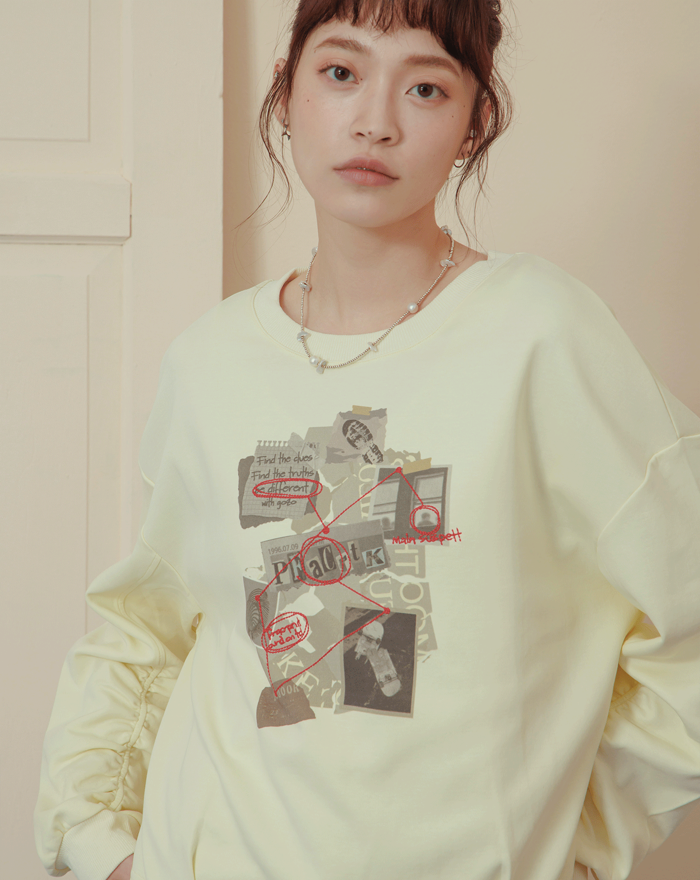 偵探調查印花立體抓褶大學T(兩色)