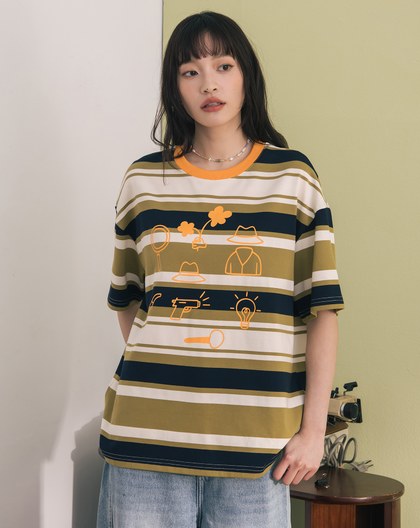 手繪小物繡花撞色條紋T恤(兩色)