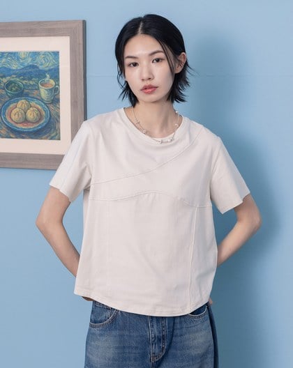 曲線造型剪接圓弧下擺T恤(兩色)