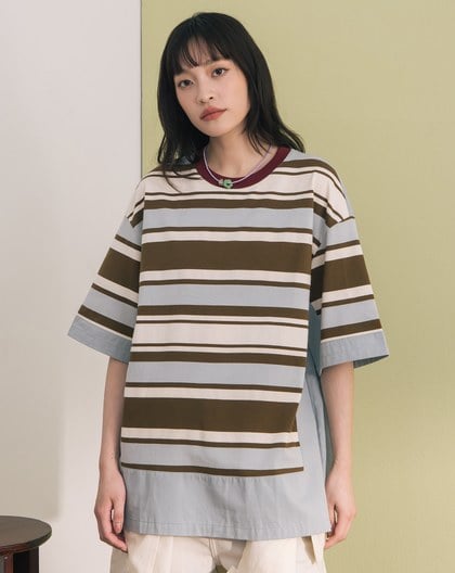 顯瘦異材質拼接條紋T恤(兩色)