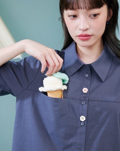 造型配色扣繭型短袖襯衫(兩色)