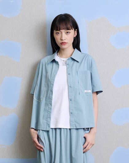 不對稱口袋配色線天絲棉短袖襯衫(兩色)