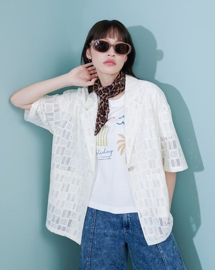 棉質蕾絲西裝領短袖襯衫(兩色)
