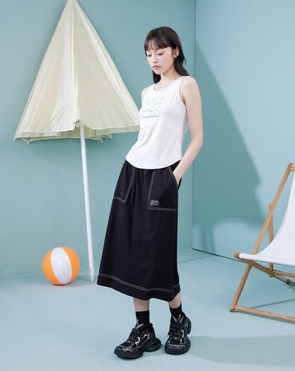 配色壓線彈力鬆緊圓裙(兩色)