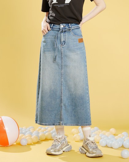 柔軟復古水洗綁帶牛仔裙