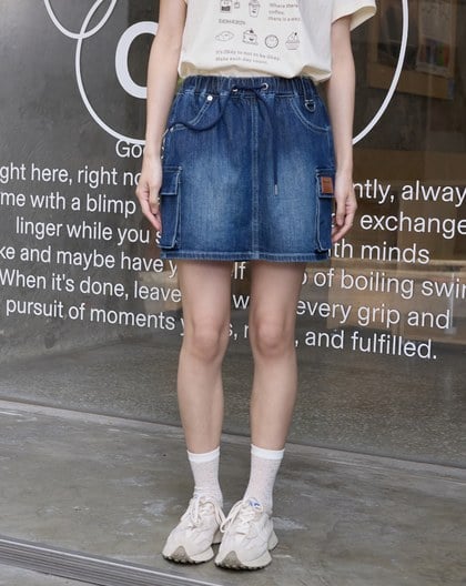 彈性牛仔不走光工裝短褲裙(兩色)