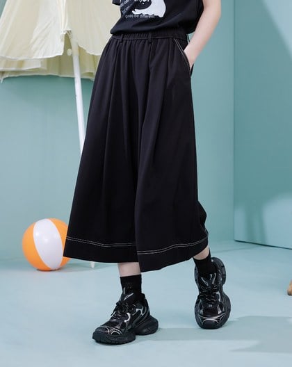 配色壓線彈力打褶8分褲裙(兩色)