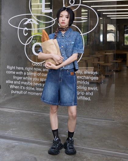 男孩風斜車線牛仔4分短褲(兩色)