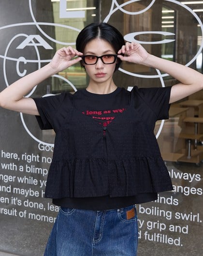 緹花荷葉吊帶背心兩件式字母T恤(兩色)