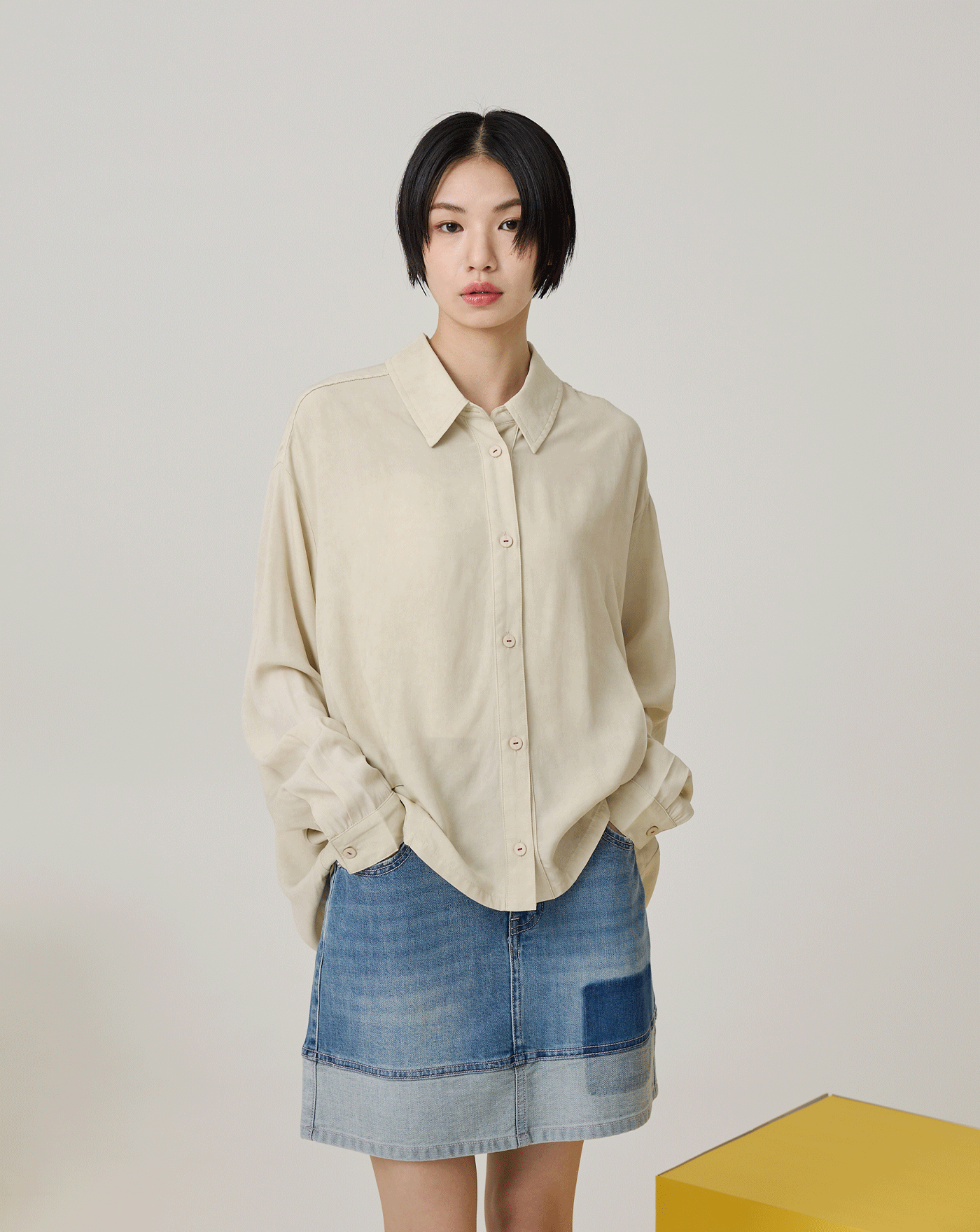 水洗風涼感竹纖維繭型襯衫(淺卡其)