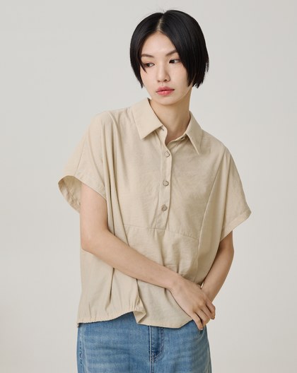 鬆緊下擺半開襟連袖短袖襯衫(兩色)
