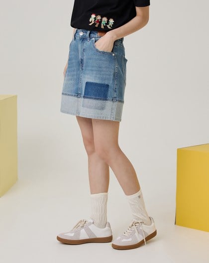 涼感天絲麻拼接牛仔短褲裙(兩色)