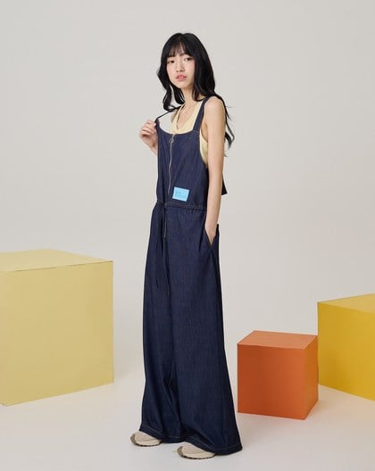 拉鍊縮腰柔軟仿牛仔吊帶褲(兩色)