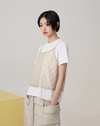 菱格網紗背心兩件式涼感T恤(兩色)