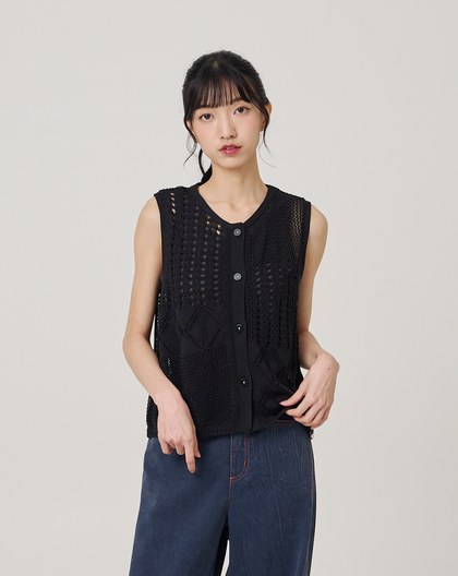 仿麻鏤空開襟針織背心(兩色)